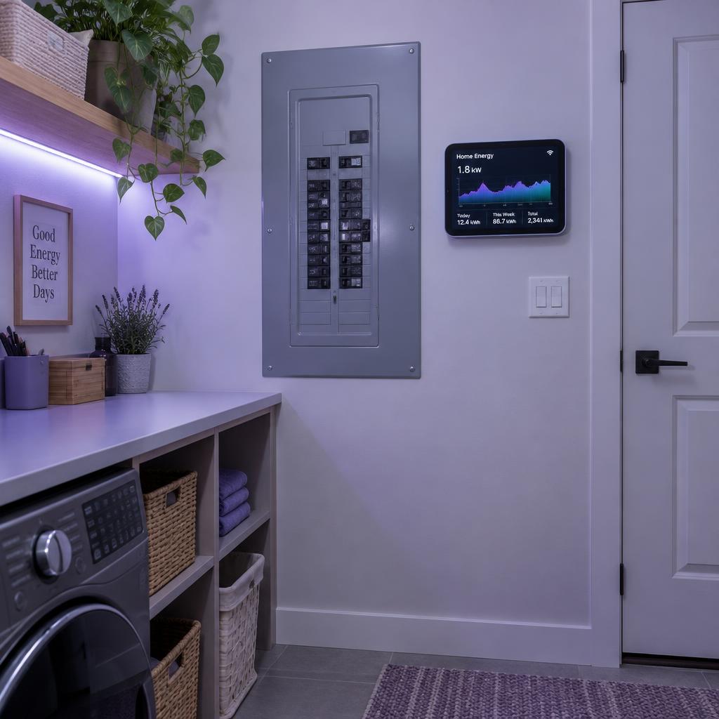 Home energy monitor beside an electrical panel