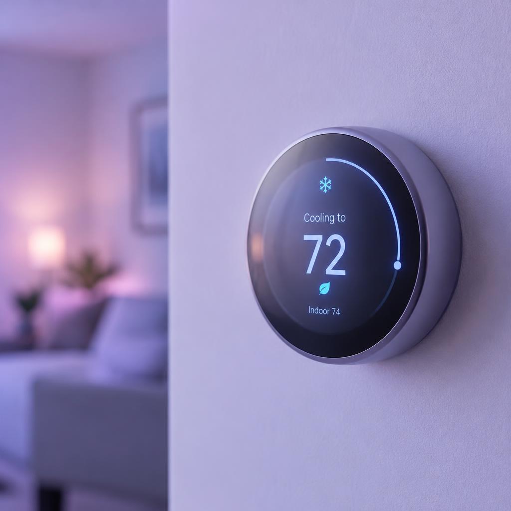 Smart thermostat on a lavender-lit wall